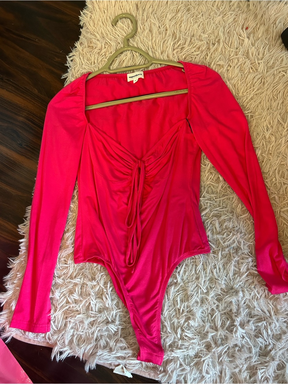 Hot Pink Long Sleeve Tie-Front Bodysuit